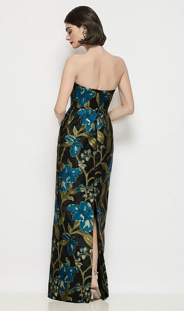 Back View - Peacock Blue Multi Strapless Luna Organza Jacquard Floral Maxi Dress with Pleated Column Skirt