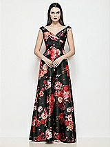 Front View Thumbnail - Wine Black Multi Off-the-Shoulder Pleated Crossover Fleur de Villes Satin A-Line Maxi Dress