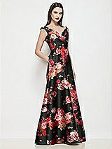 Side View Thumbnail - Wine Black Multi Off-the-Shoulder Pleated Crossover Fleur de Villes Satin A-Line Maxi Dress
