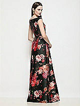 Rear View Thumbnail - Wine Black Multi Off-the-Shoulder Pleated Crossover Fleur de Villes Satin A-Line Maxi Dress
