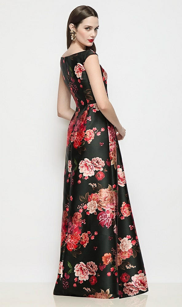 Back View - Wine Black Multi Off-the-Shoulder Pleated Crossover Fleur de Villes Satin A-Line Maxi Dress