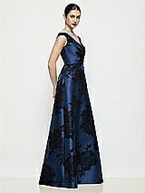 Front View Thumbnail - Soft Navy / Black Off-the-Shoulder Pleated Crossover Flocked Floral Satin A-Line Maxi Dress