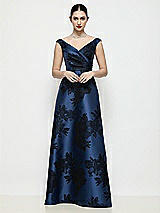 Side View Thumbnail - Soft Navy / Black Off-the-Shoulder Pleated Crossover Flocked Floral Satin A-Line Maxi Dress