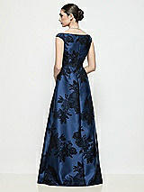 Rear View Thumbnail - Soft Navy / Black Off-the-Shoulder Pleated Crossover Flocked Floral Satin A-Line Maxi Dress
