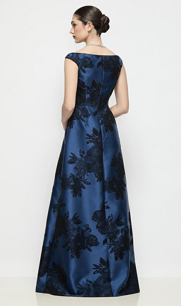 Back View - Soft Navy / Black Off-the-Shoulder Pleated Crossover Flocked Floral Satin A-Line Maxi Dress