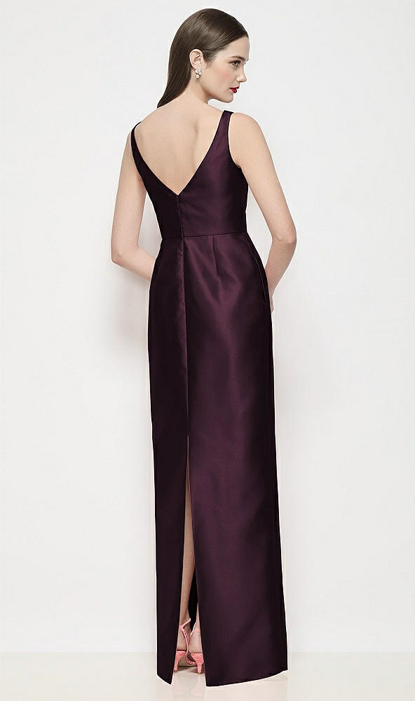 Back View - Deep Plum Bateau Neck Satin Maxi Dress with Pleated Column Skirt