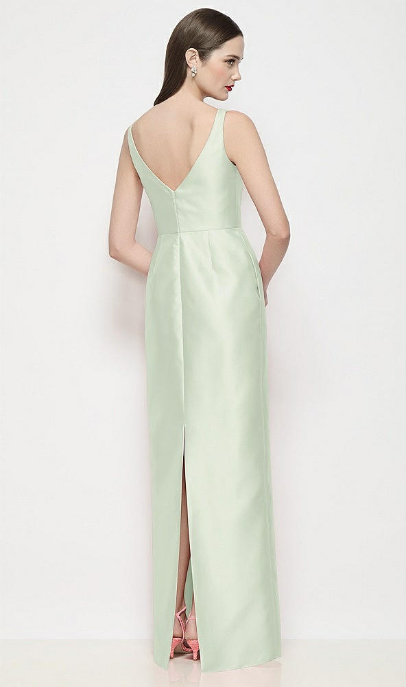 Back View - Mint Green Bateau Neck Satin Maxi Dress with Pleated Column Skirt