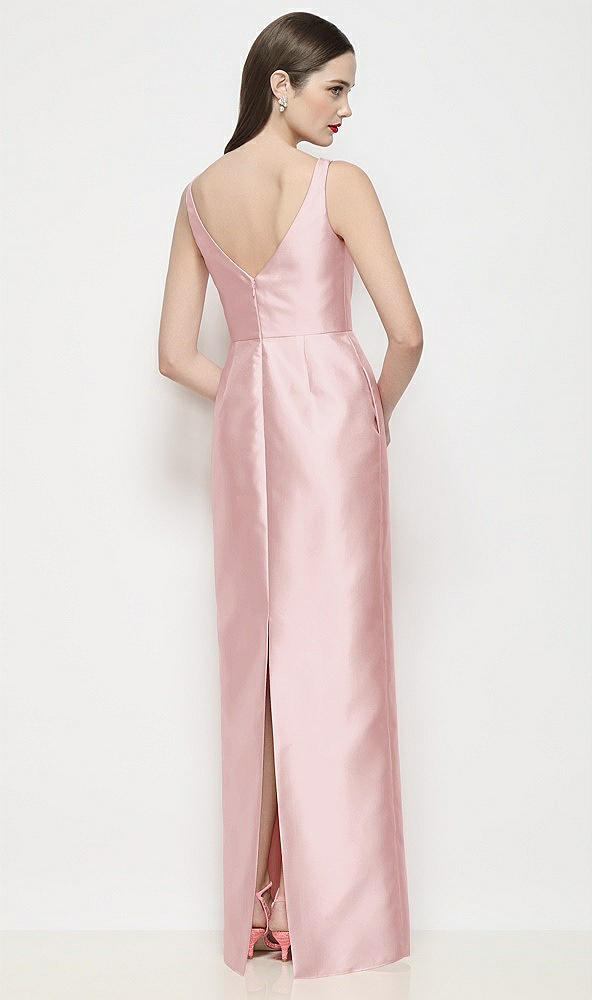 Back View - Ballet Pink Bateau Neck Satin Maxi Dress with Pleated Column Skirt