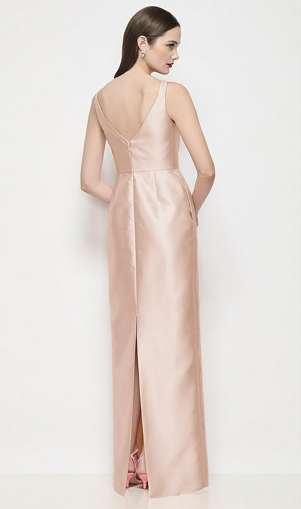 Back View - Cameo Bateau Neck Satin Maxi Dress with Pleated Column Skirt