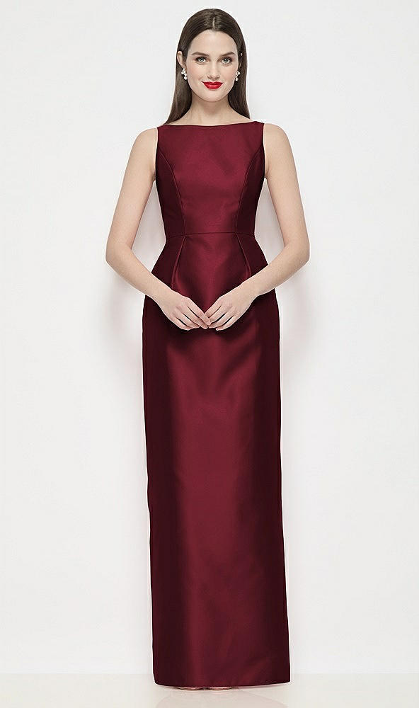 Front View - Cabernet Bateau Neck Satin Maxi Dress with Pleated Column Skirt