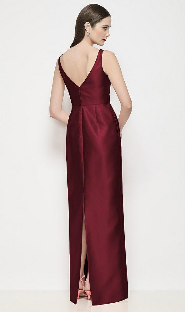 Back View - Cabernet Bateau Neck Satin Maxi Dress with Pleated Column Skirt