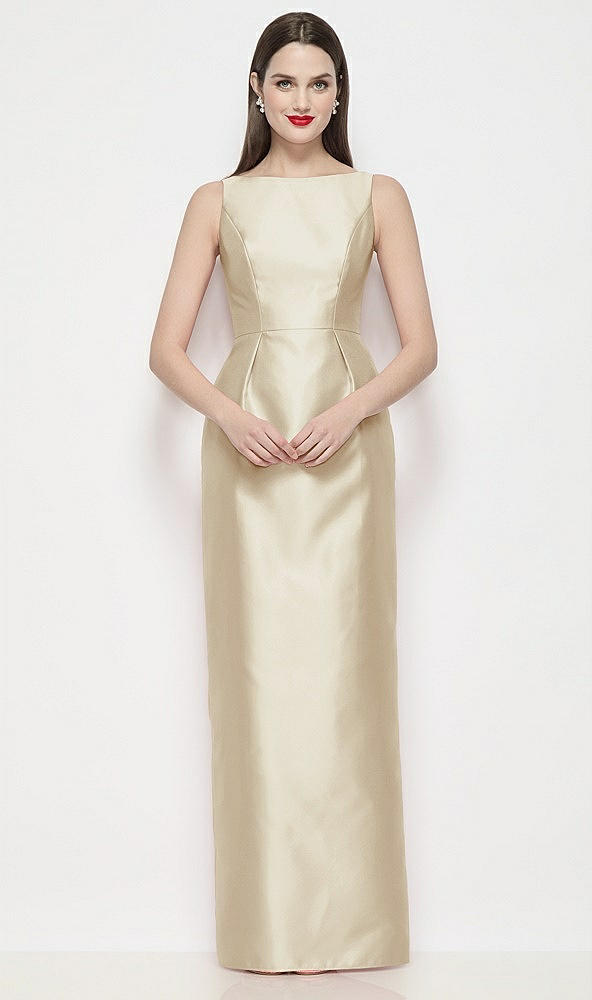 Front View - Champagne Bateau Neck Satin Maxi Dress with Pleated Column Skirt