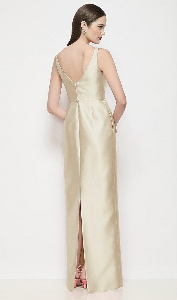 Back View - Champagne Bateau Neck Satin Maxi Dress with Pleated Column Skirt
