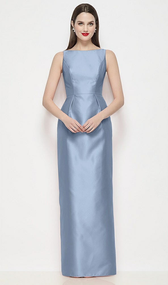 Front View - Cloudy Bateau Neck Satin Maxi Dress with Pleated Column Skirt