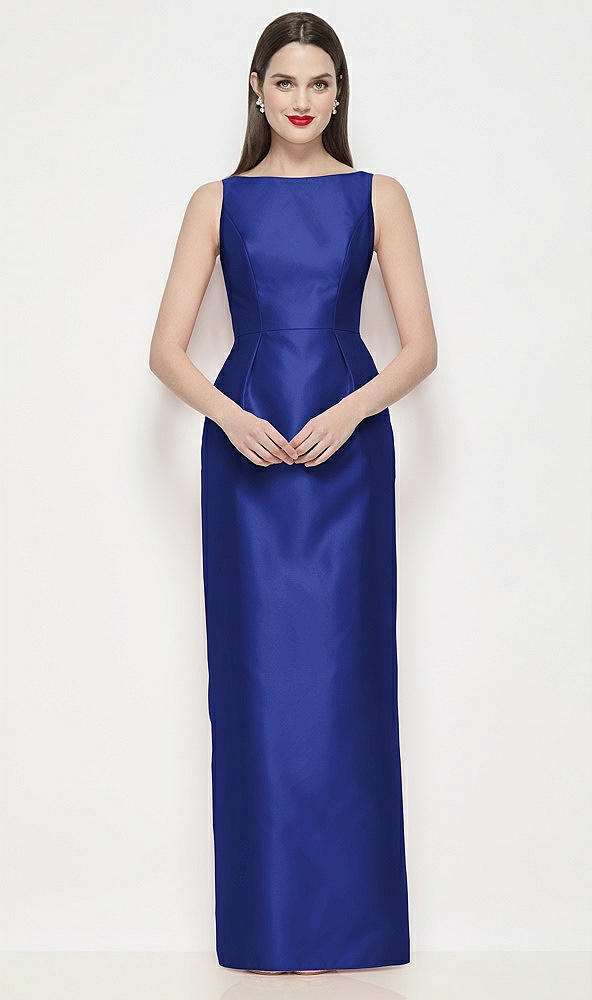 Front View - Cobalt Blue Bateau Neck Satin Maxi Dress with Pleated Column Skirt