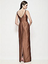 Rear View Thumbnail - Cognac Bateau Neck Satin Maxi Dress with Pleated Column Skirt