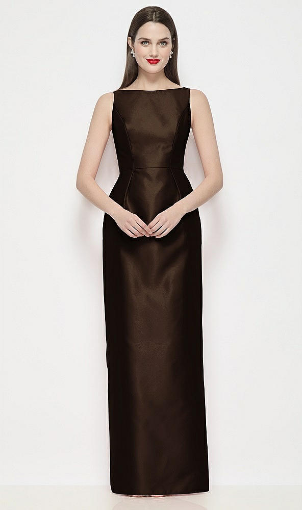 Front View - Espresso Bateau Neck Satin Maxi Dress with Pleated Column Skirt