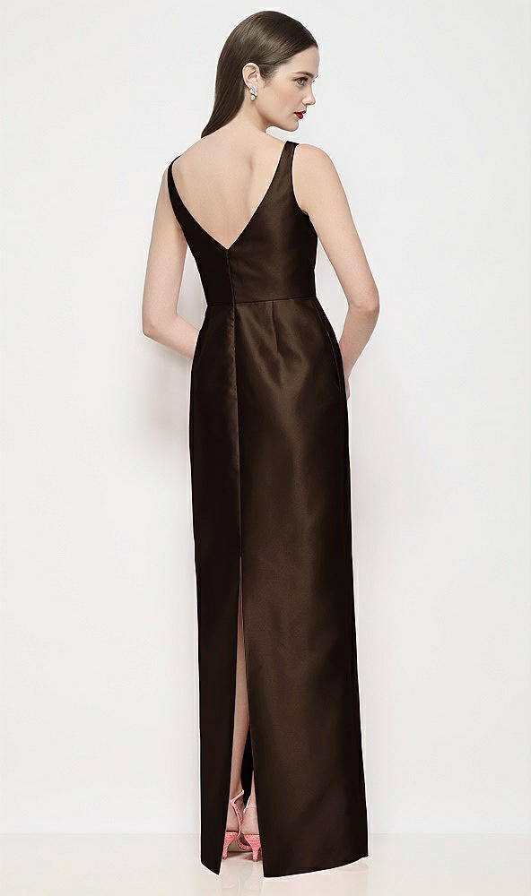 Back View - Espresso Bateau Neck Satin Maxi Dress with Pleated Column Skirt