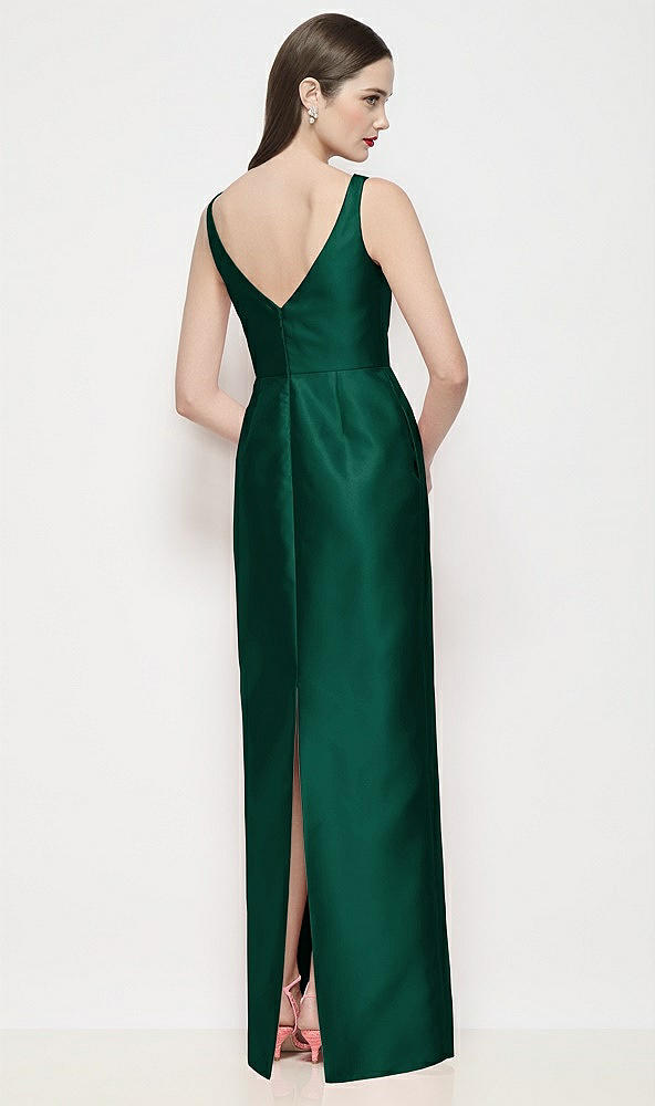 Back View - Hunter Green Bateau Neck Satin Maxi Dress with Pleated Column Skirt
