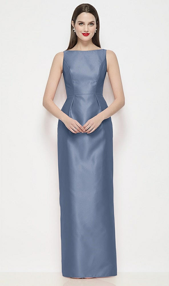 Front View - Larkspur Blue Bateau Neck Satin Maxi Dress with Pleated Column Skirt