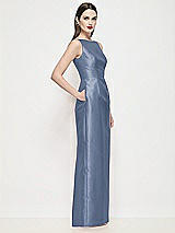Side View Thumbnail - Larkspur Blue Bateau Neck Satin Maxi Dress with Pleated Column Skirt
