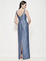 Rear View Thumbnail - Larkspur Blue Bateau Neck Satin Maxi Dress with Pleated Column Skirt