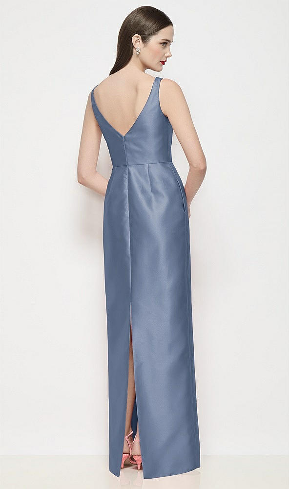 Back View - Larkspur Blue Bateau Neck Satin Maxi Dress with Pleated Column Skirt