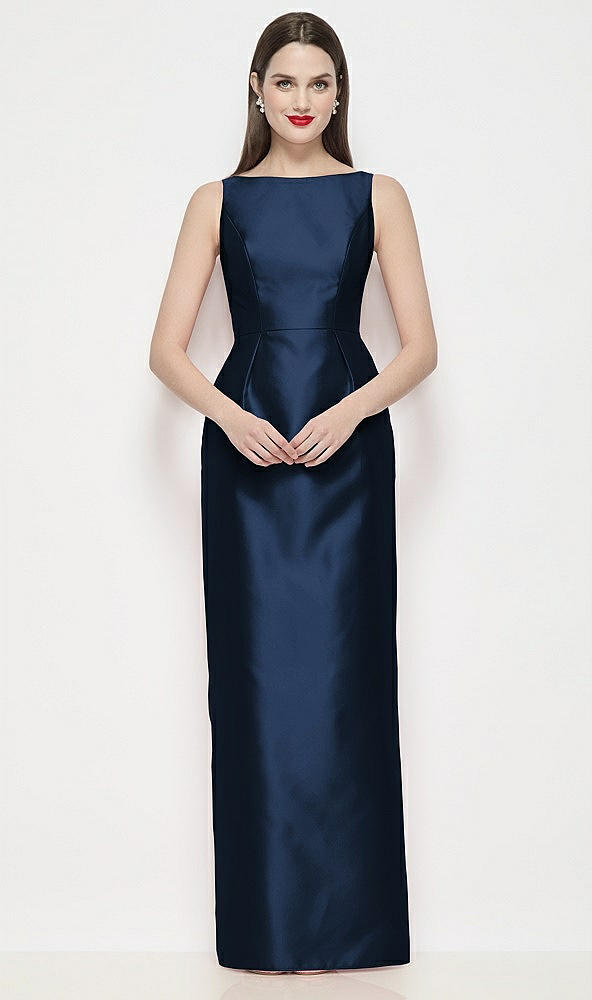 Front View - Midnight Navy Bateau Neck Satin Maxi Dress with Pleated Column Skirt