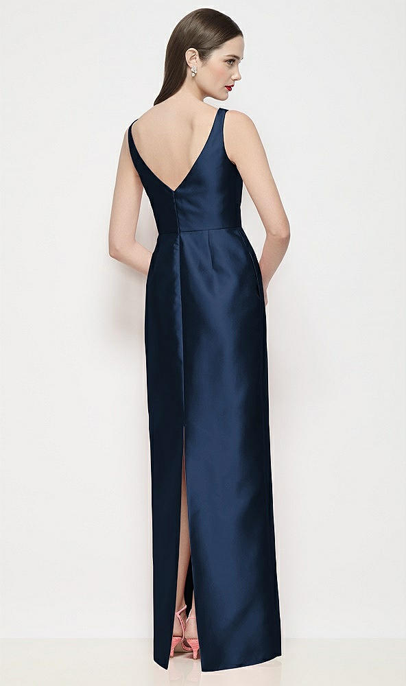 Back View - Midnight Navy Bateau Neck Satin Maxi Dress with Pleated Column Skirt
