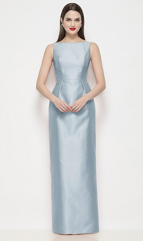 Front View - Mist Bateau Neck Satin Maxi Dress with Pleated Column Skirt