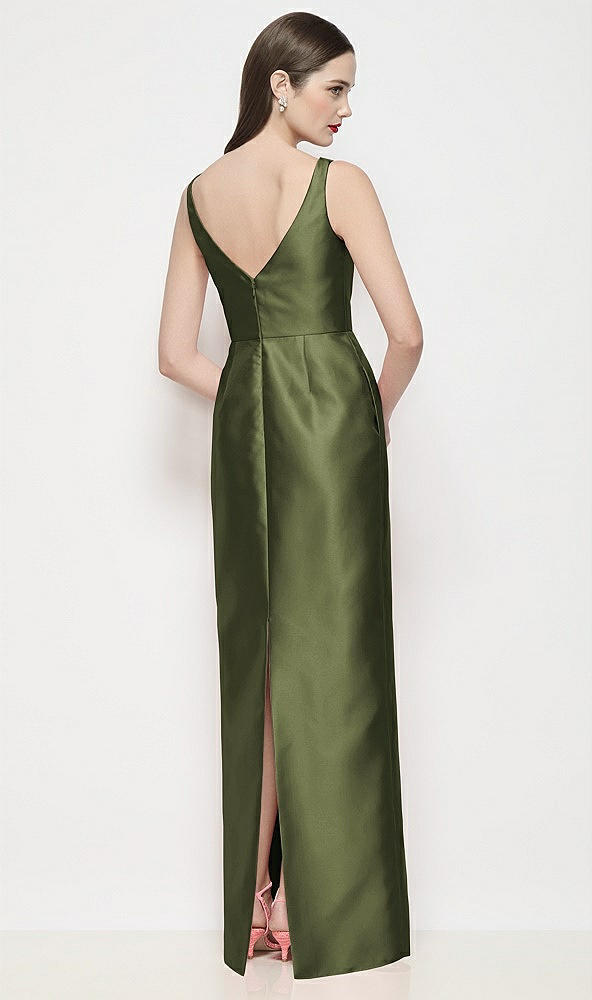 Back View - Olive Green Bateau Neck Satin Maxi Dress with Pleated Column Skirt