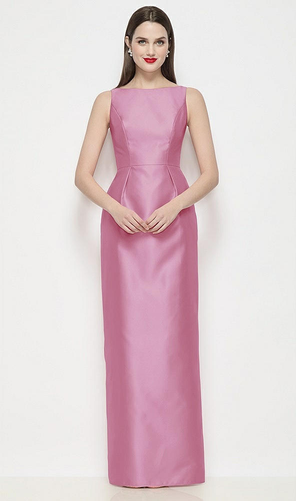 Front View - Powder Pink Bateau Neck Satin Maxi Dress with Pleated Column Skirt