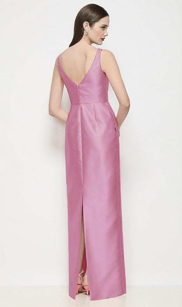 Back View - Powder Pink Bateau Neck Satin Maxi Dress with Pleated Column Skirt