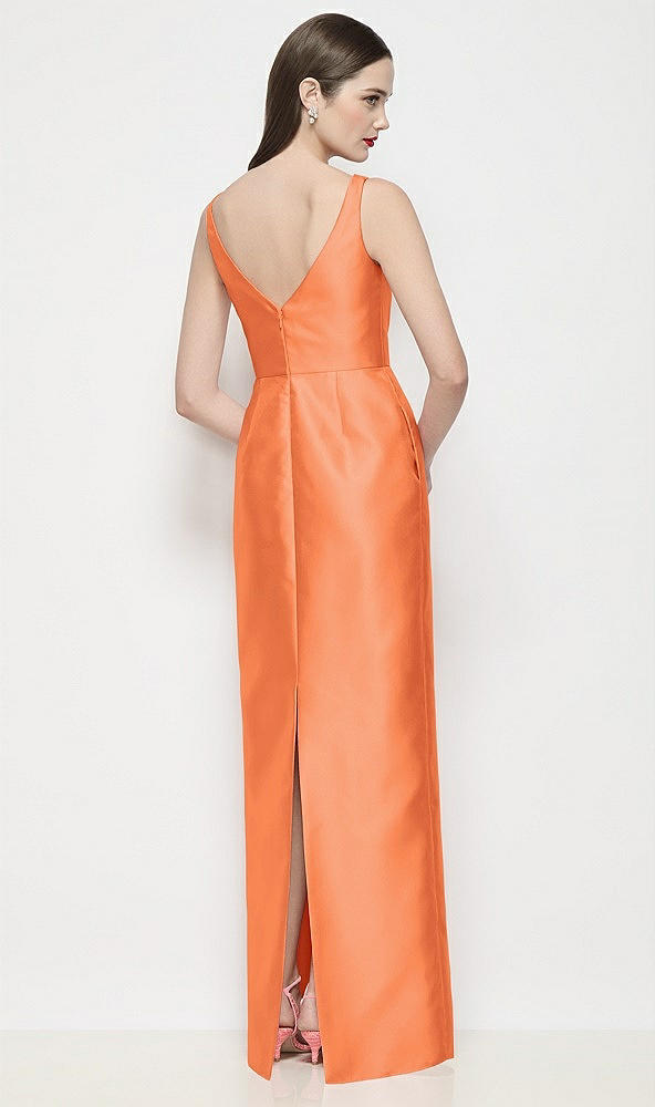 Back View - Portofino Orange Bateau Neck Satin Maxi Dress with Pleated Column Skirt
