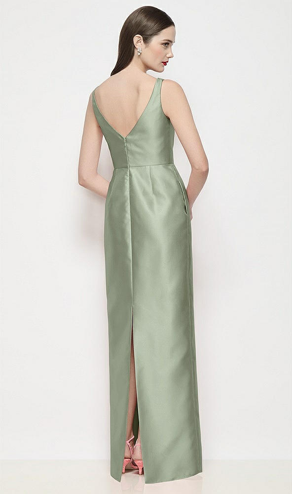Back View - Sage Bateau Neck Satin Maxi Dress with Pleated Column Skirt