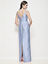 Rear View Thumbnail - Sky Blue Bateau Neck Satin Maxi Dress with Pleated Column Skirt