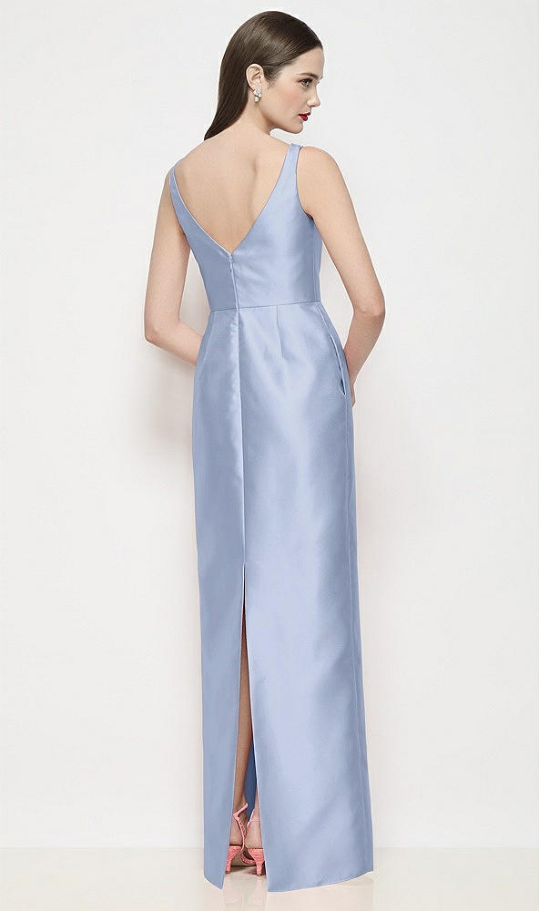 Back View - Sky Blue Bateau Neck Satin Maxi Dress with Pleated Column Skirt
