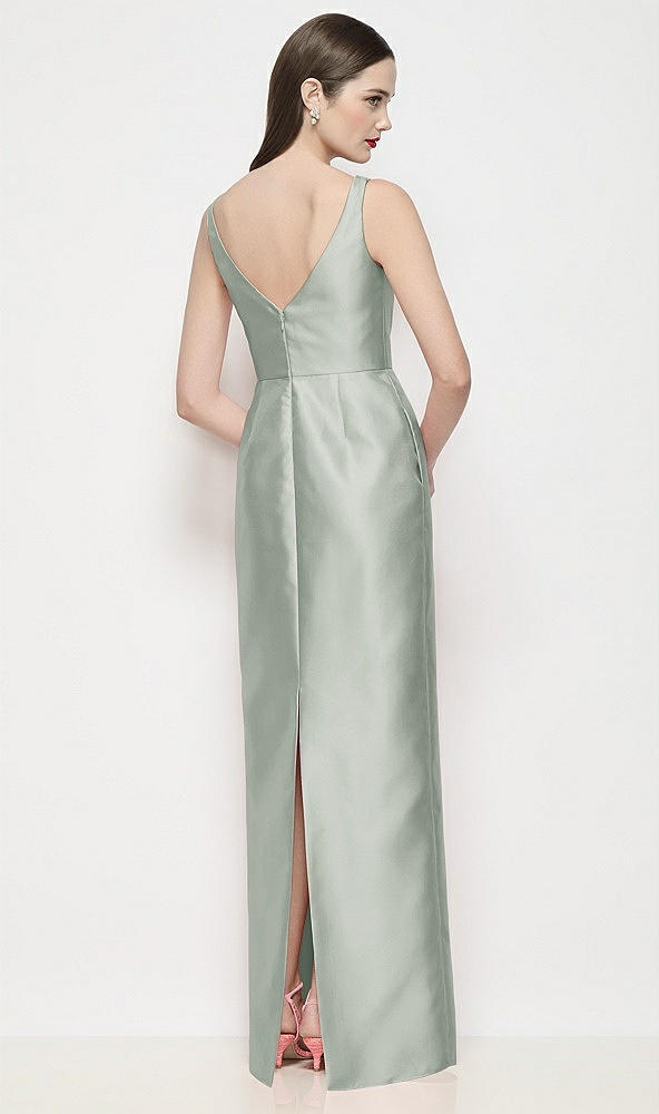 Back View - Willow Green Bateau Neck Satin Maxi Dress with Pleated Column Skirt