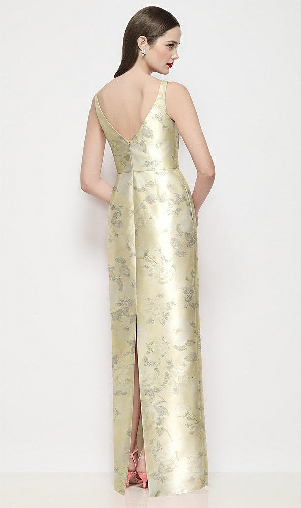 Back View - Butter Yellow Floral Bateau Neck Floral Satin Maxi Dress with Pleated Column Skirt