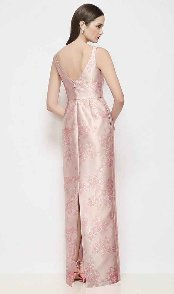 Back View - Bow And Blossom Print Bateau Neck Floral Satin Maxi Dress with Pleated Column Skirt