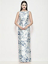 Front View Thumbnail - Cottage Rose Larkspur Bateau Neck Floral Satin Maxi Dress with Pleated Column Skirt