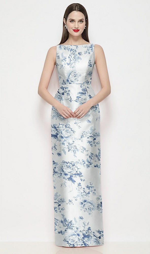 Front View - Cottage Rose Larkspur Bateau Neck Floral Satin Maxi Dress with Pleated Column Skirt