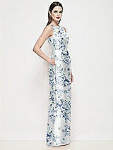 Side View Thumbnail - Cottage Rose Larkspur Bateau Neck Floral Satin Maxi Dress with Pleated Column Skirt