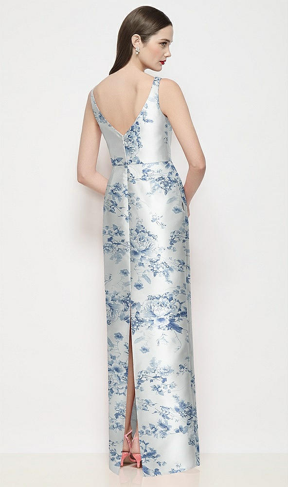 Back View - Cottage Rose Larkspur Bateau Neck Floral Satin Maxi Dress with Pleated Column Skirt