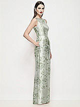 Side View Thumbnail - Sage Cottage Rose Bateau Neck Floral Satin Maxi Dress with Pleated Column Skirt