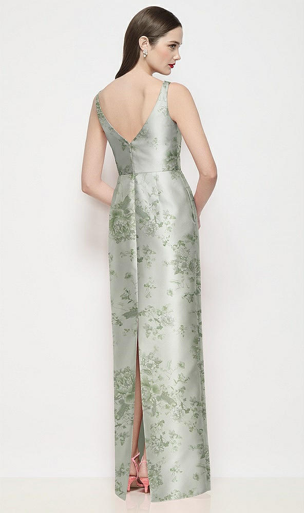 Back View - Sage Cottage Rose Bateau Neck Floral Satin Maxi Dress with Pleated Column Skirt