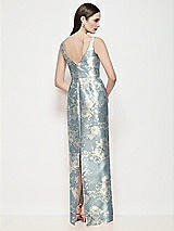 Rear View Thumbnail - Porcelain Blue Seraphina Floral Bateau Neck Floral Satin Maxi Dress with Pleated Column Skirt