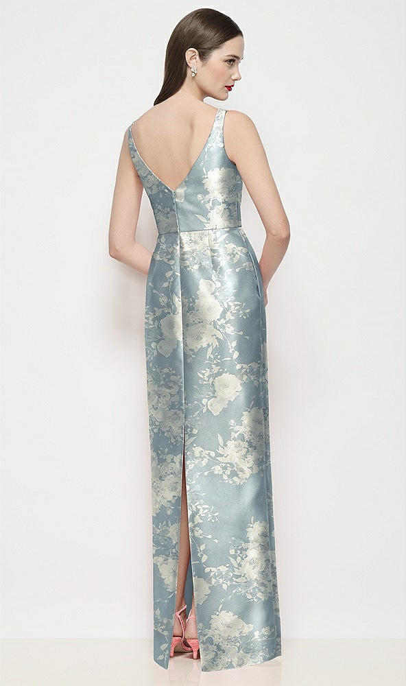 Back View - Porcelain Blue Seraphina Floral Bateau Neck Floral Satin Maxi Dress with Pleated Column Skirt