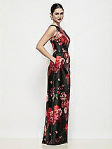 Front View Thumbnail - Wine Black Multi Bateau Neck Fleur de Villes Satin Maxi Dress with Pleated Column Skirt