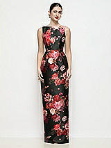 Side View Thumbnail - Wine Black Multi Bateau Neck Fleur de Villes Satin Maxi Dress with Pleated Column Skirt